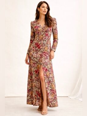 Vintage 90s Baroque Floral Rayon Maxi Dress Statement Algo Sz 13/14